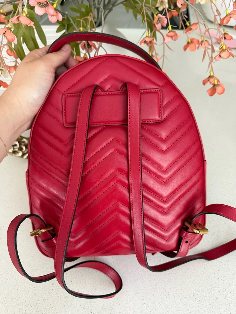 Authentic Gucci GG Marmont Mini Backpack Red Matelassé Leather